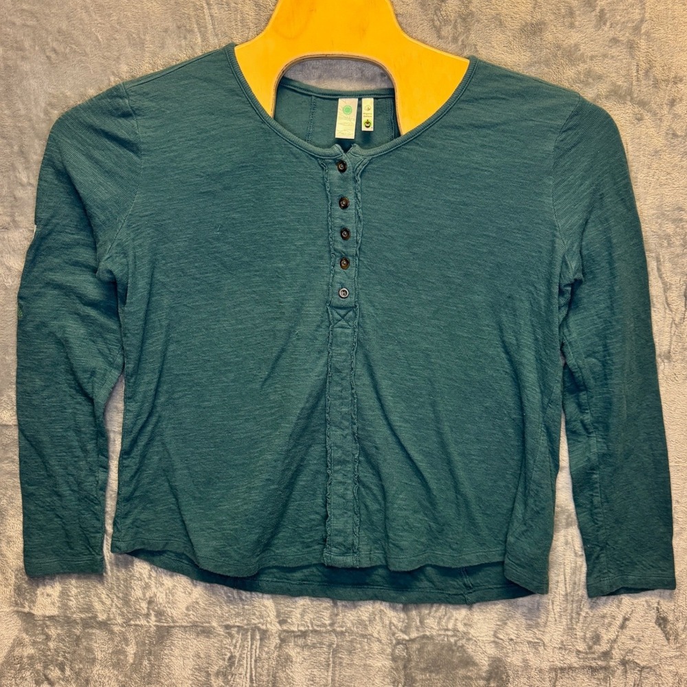 2142 |Aventura Organic Cotton Cottagecore Floral Embroidered Henley Teal Women L